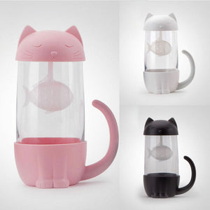 Lovely Glass Cup Tea Cat with Fish Filter Strainer Glass Cup Tea Infuser Filter Mug Home Office Container Gift