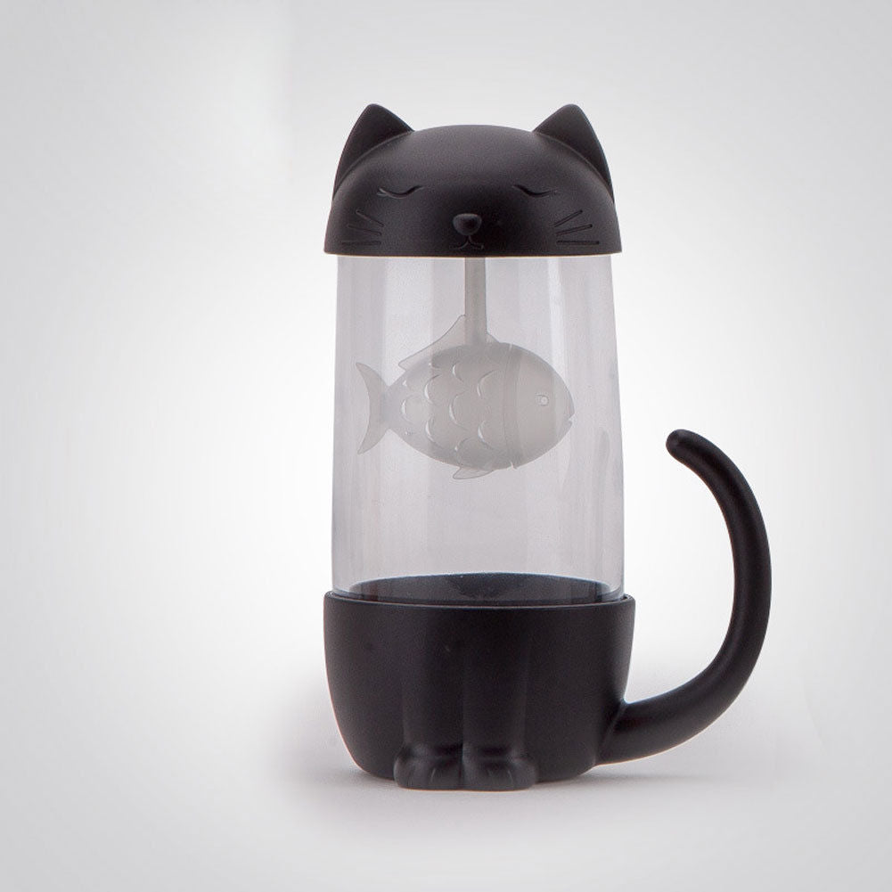 Lovely Glass Cup Tea Cat with Fish Filter Strainer Glass Cup Tea Infuser Filter Mug Home Office Container Gift